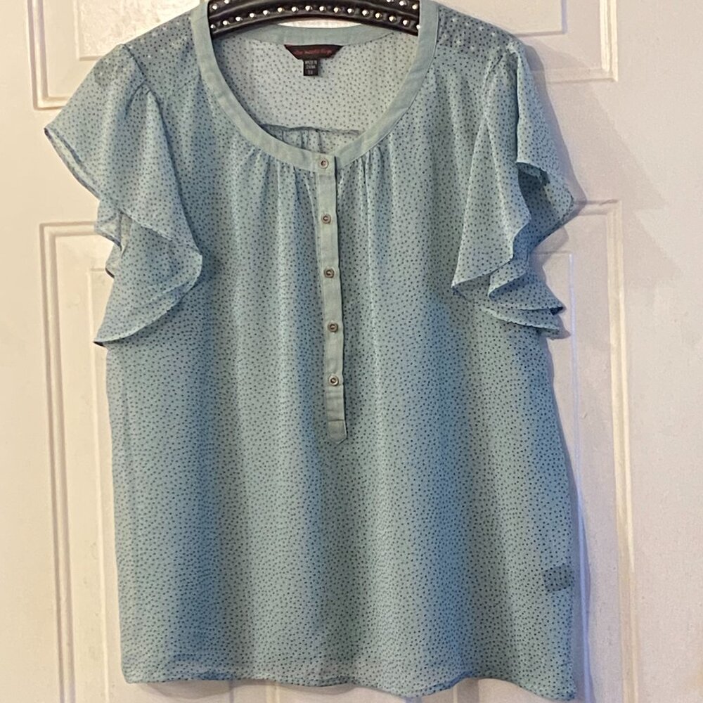 Leo Meets Virgo Sz 2X Womens Sheer Blouse  Flutter Sleeve Mint/Black Dots